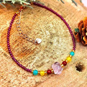 Beautiful Nature Red Garnet Amethyst Carved Pig Ankle S925 Bracelet